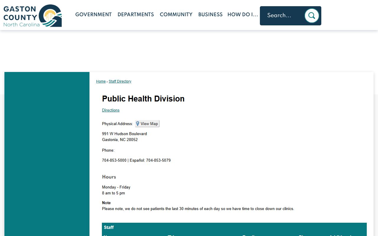 Gaston County Public Health staff directory with phone fields