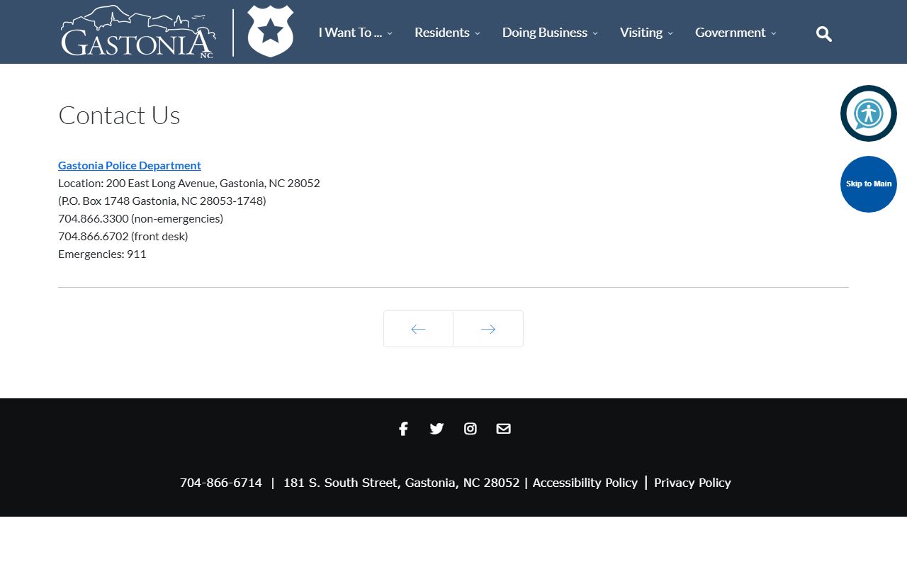 Gastonia Police contact page showing emergency and non-emergency phone numbers